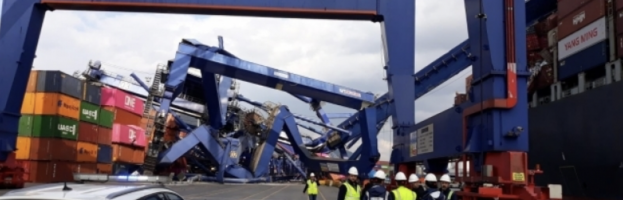 Docking Container Ship Knocks Down Three Ship To Shore Container Cranes.  [Kocaeli Port, Turkey – 16 March 2024]
